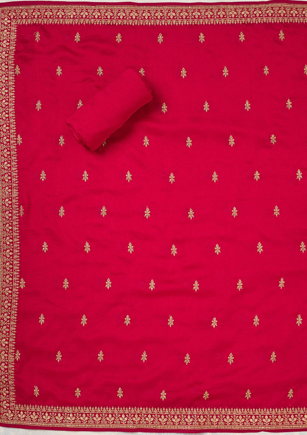 Rani Pink Zariwork (Gold) Soft Raw Silk Unstitched Salwar Suit-Koskii