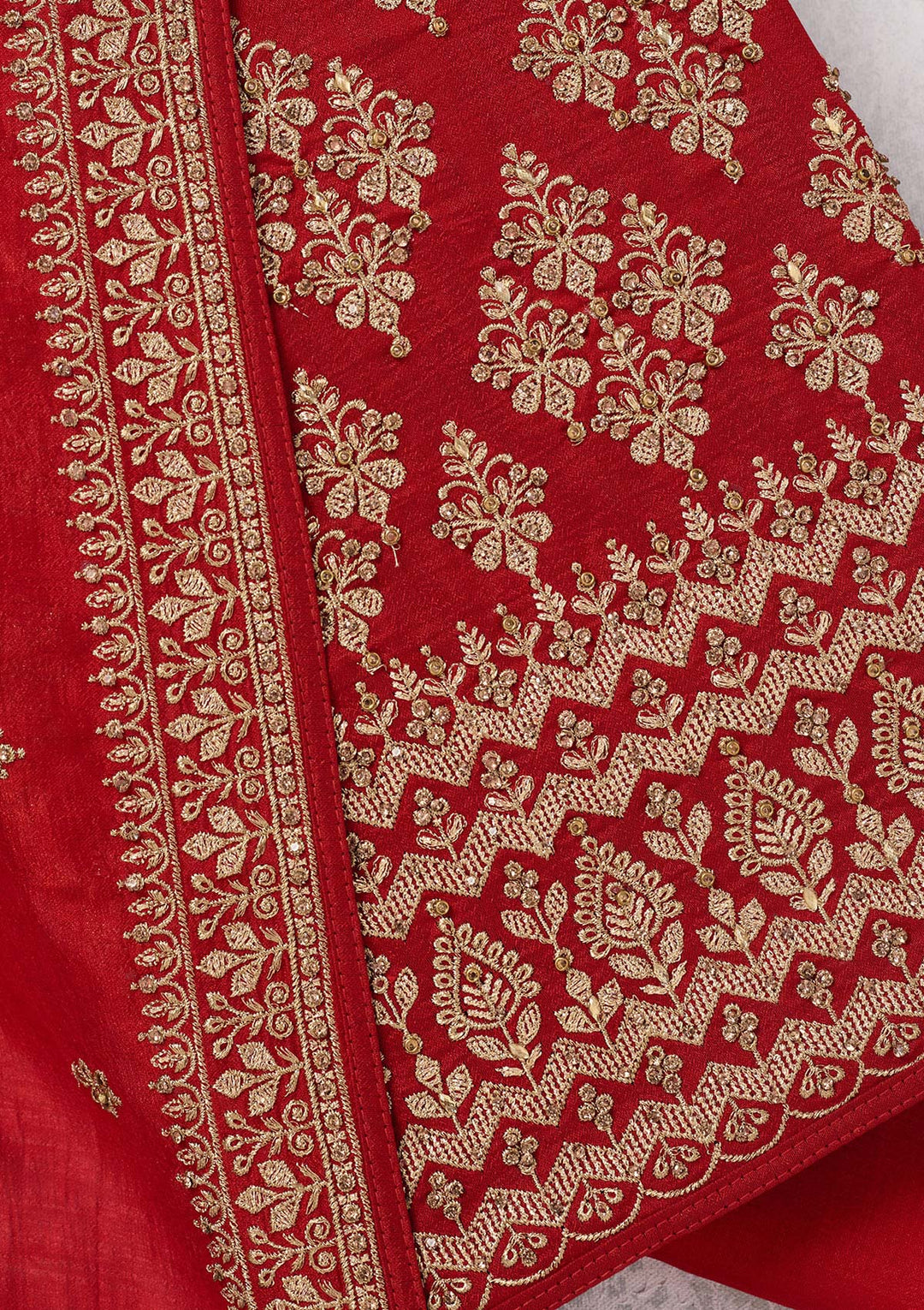 Red Zariwork (Gold) Soft Raw Silk Unstitched Salwar Suit-Koskii