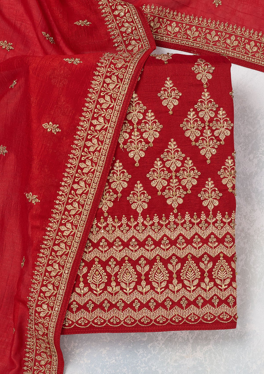 Red Zariwork (Gold) Soft Raw Silk Unstitched Salwar Suit-Koskii