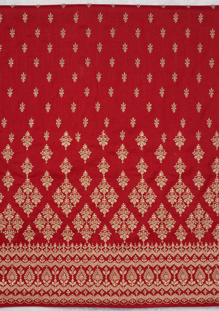 Red Zariwork (Gold) Soft Raw Silk Unstitched Salwar Suit-Koskii