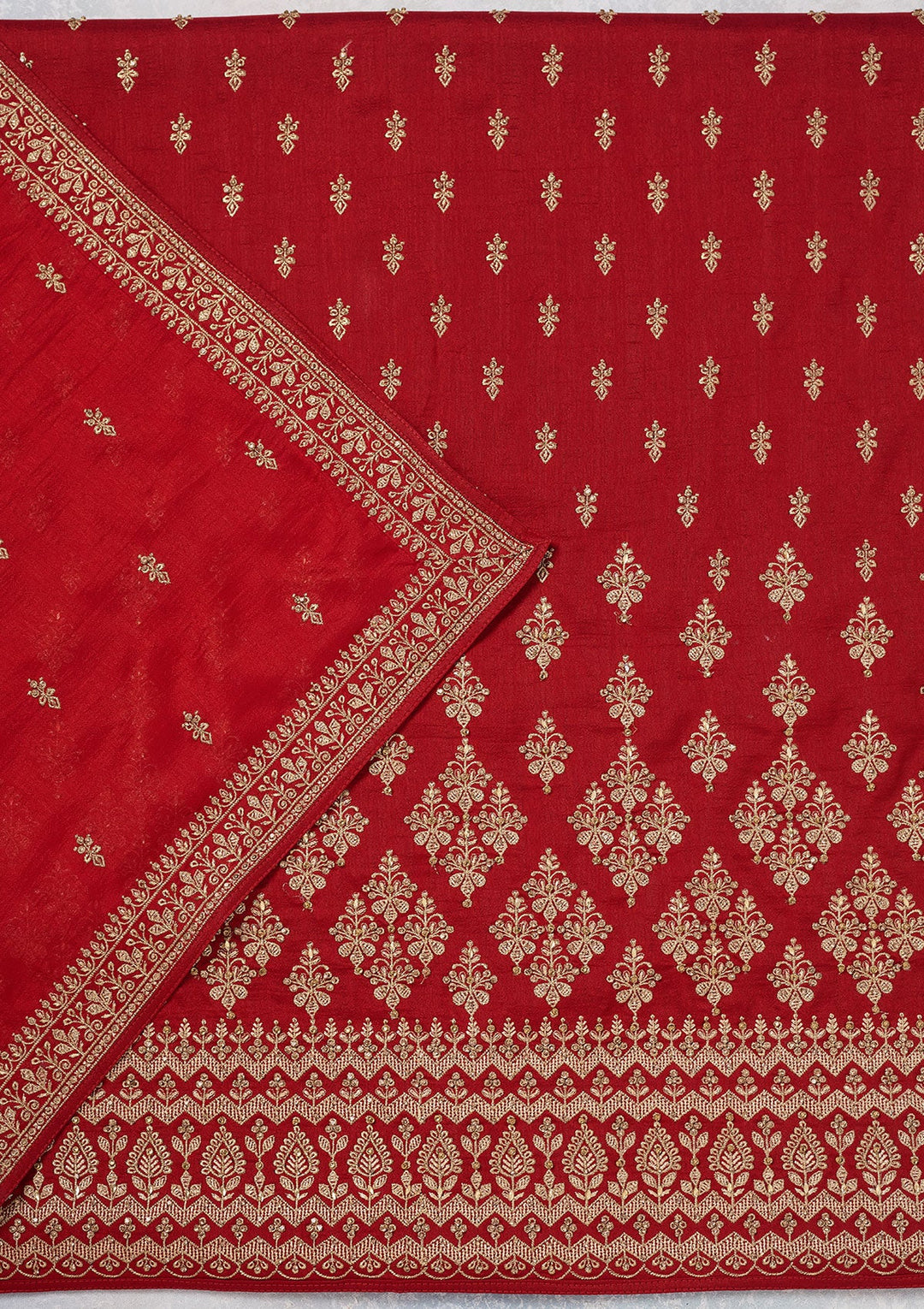 Red Zariwork (Gold) Soft Raw Silk Unstitched Salwar Suit-Koskii