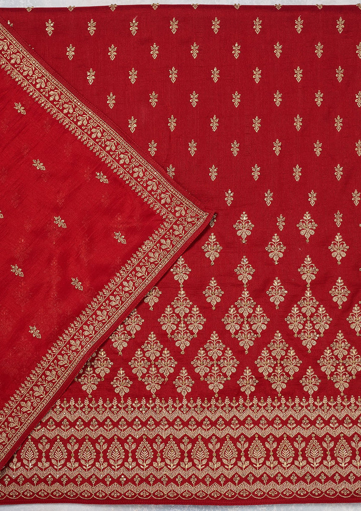 Red Zariwork (Gold) Soft Raw Silk Unstitched Salwar Suit-Koskii