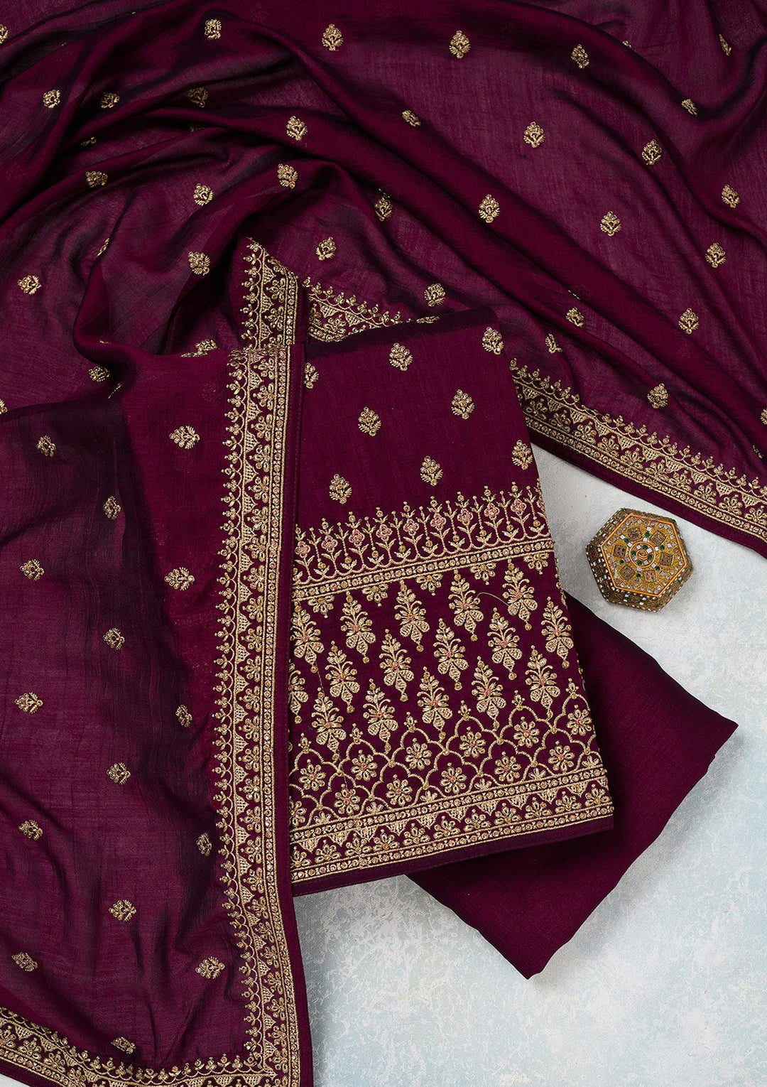 Wine Zariwork (Gold) Soft Raw Silk Unstitched Salwar Suit-Koskii