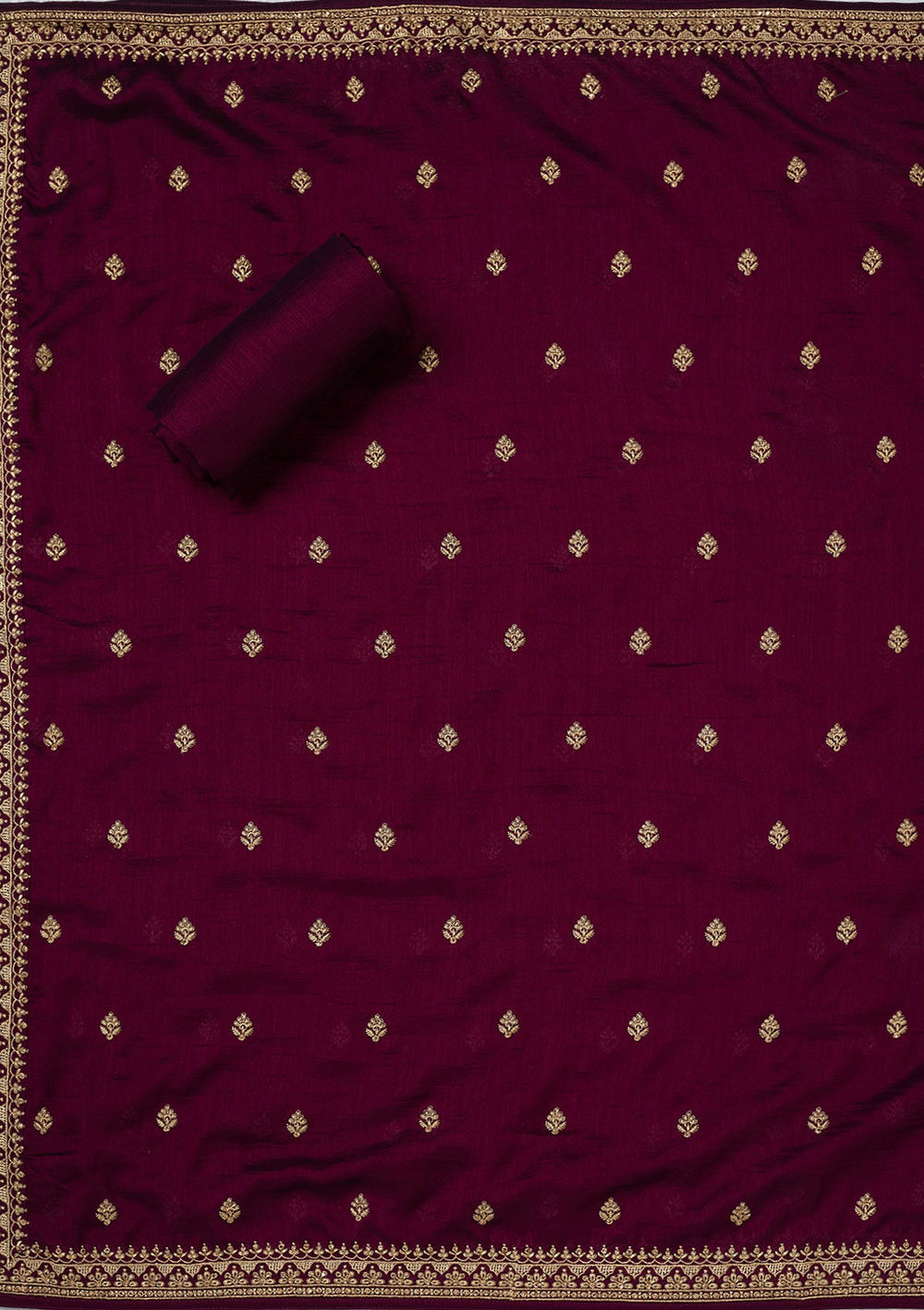 Wine Zariwork (Gold) Soft Raw Silk Unstitched Salwar Suit-Koskii