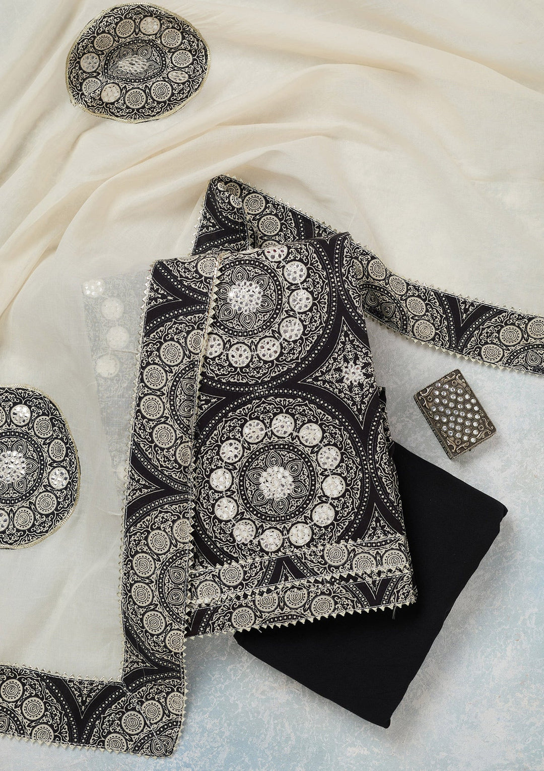 Cream Threadwork Cotton Unstitched Salwar Suit-koskii