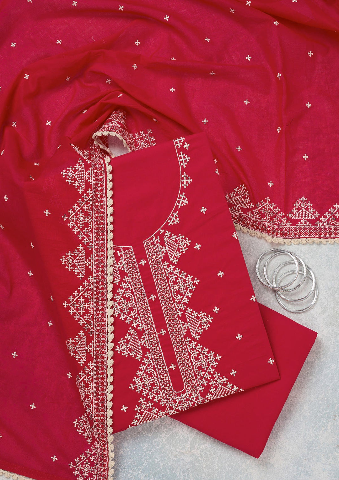 Red Threadwork Semi Crepe Unstitched Salwar Suit-koskii