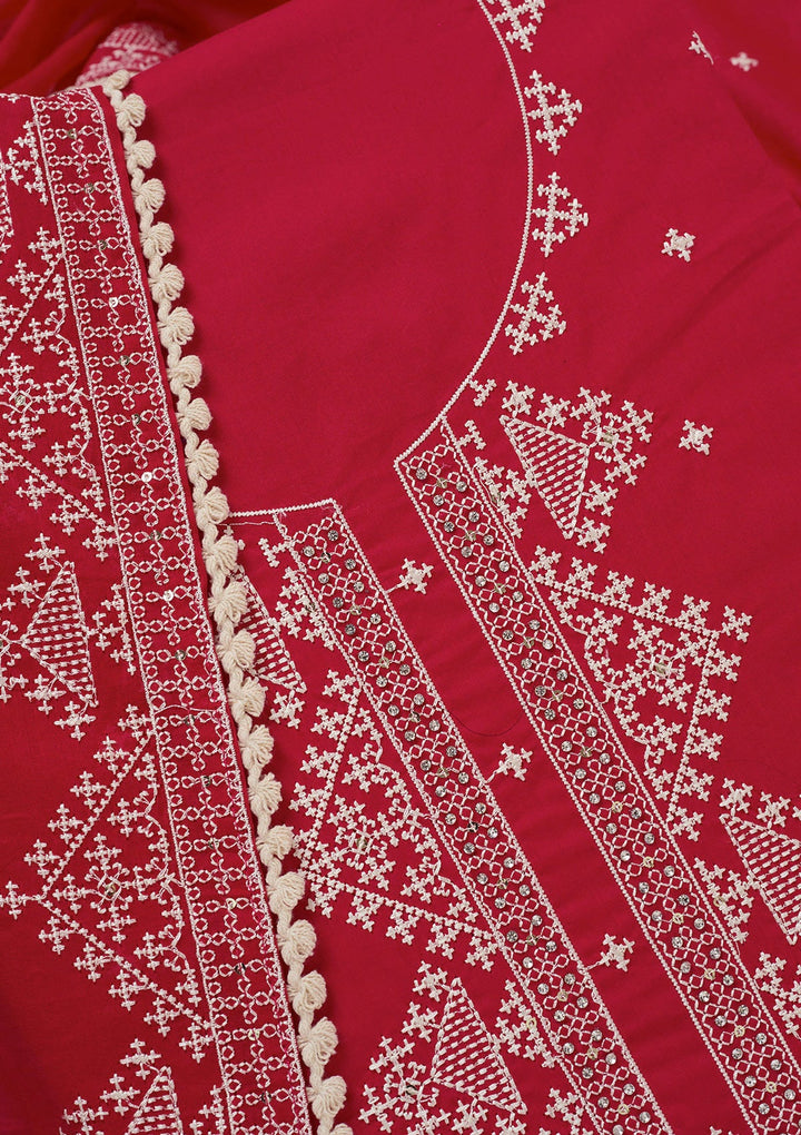 Red Threadwork Semi Crepe Unstitched Salwar Suit-koskii