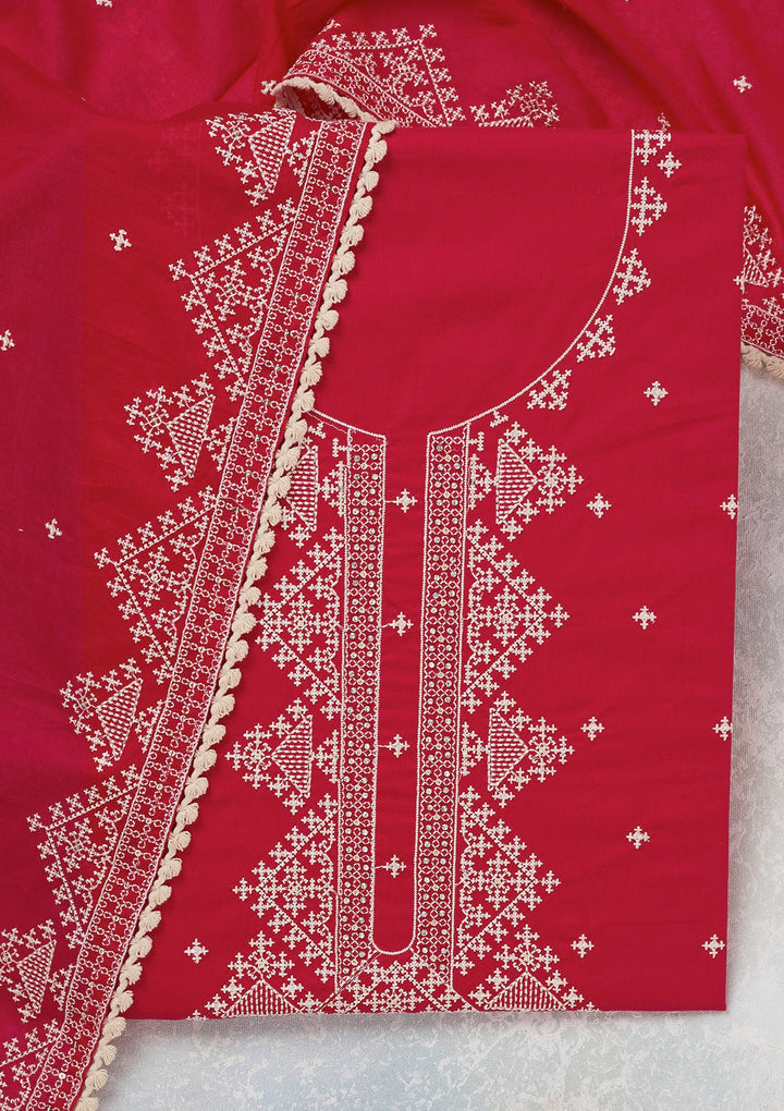 Red Threadwork Semi Crepe Unstitched Salwar Suit-koskii