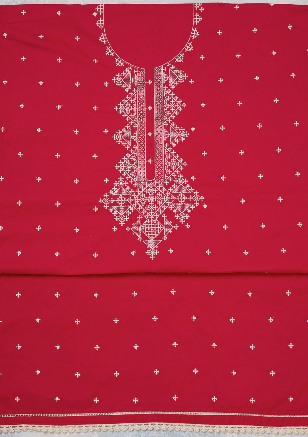Red Threadwork Semi Crepe Unstitched Salwar Suit-koskii