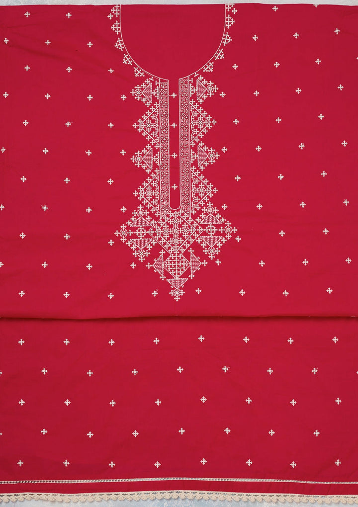 Red Threadwork Semi Crepe Unstitched Salwar Suit-koskii