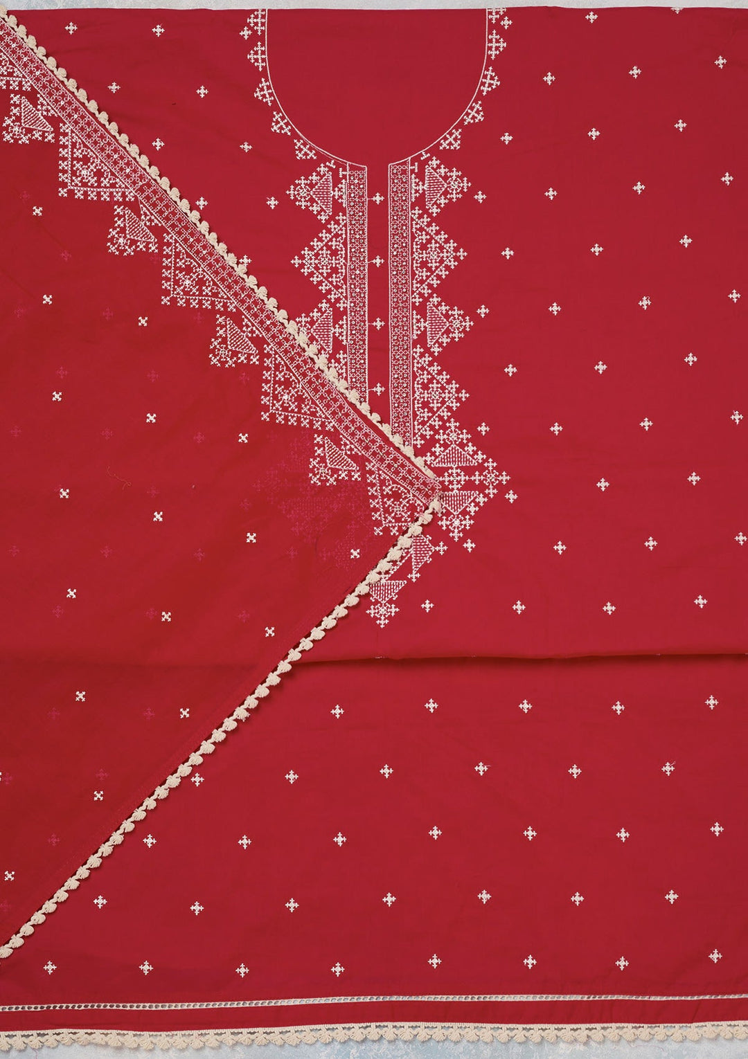 Red Threadwork Semi Crepe Unstitched Salwar Suit-koskii