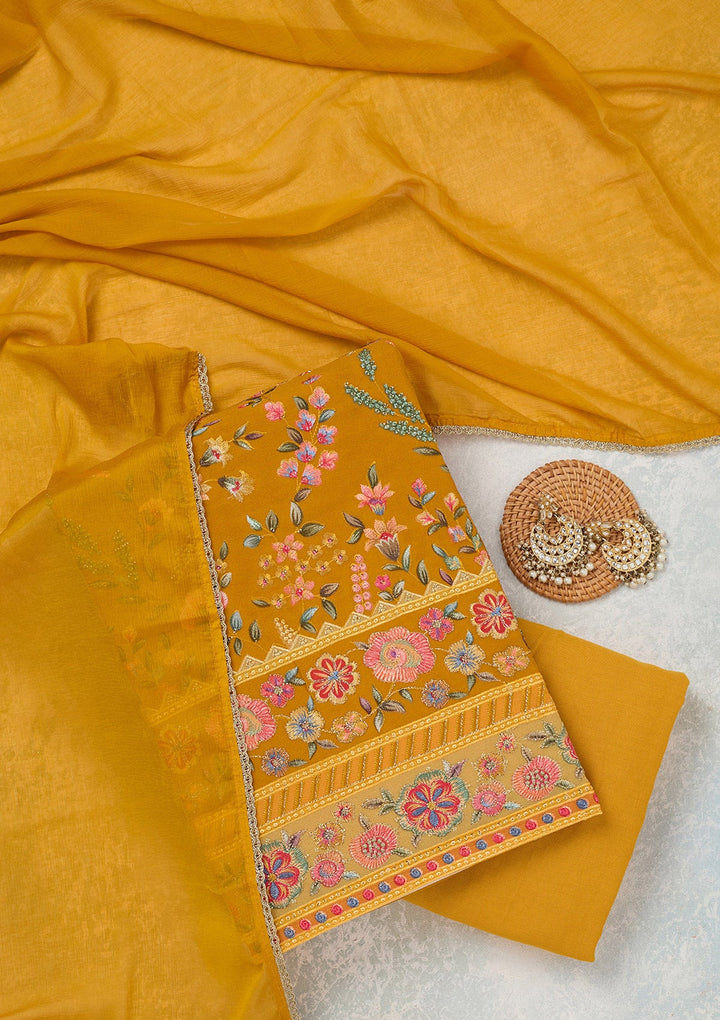 Mustard Threadwork Georgette Unstitched Salwar Suit_koskii