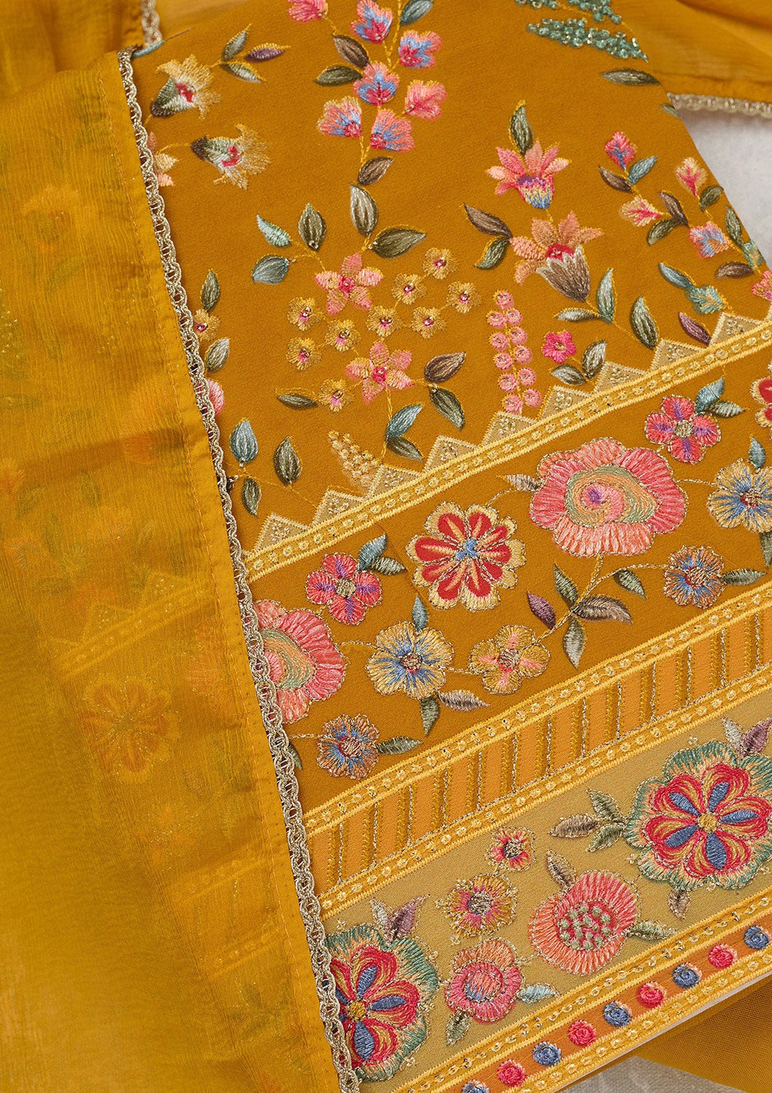 Mustard Threadwork Georgette Unstitched Salwar Suit_koskii