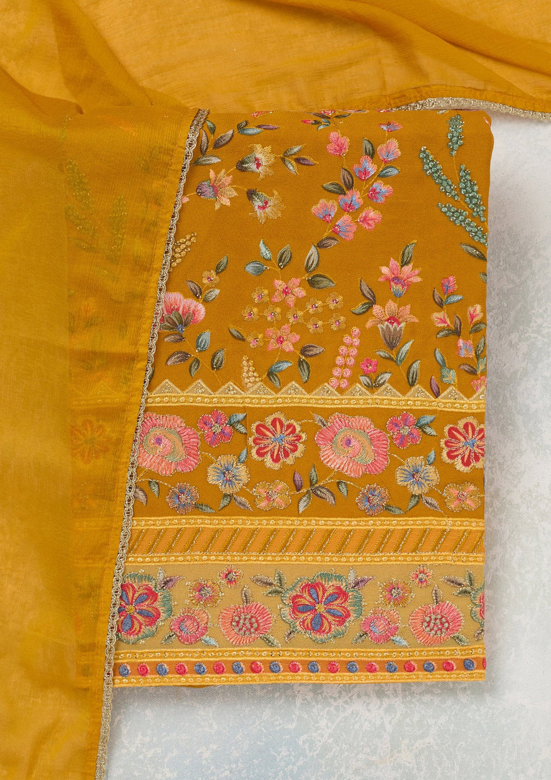 Mustard Threadwork Georgette Unstitched Salwar Suit_koskii