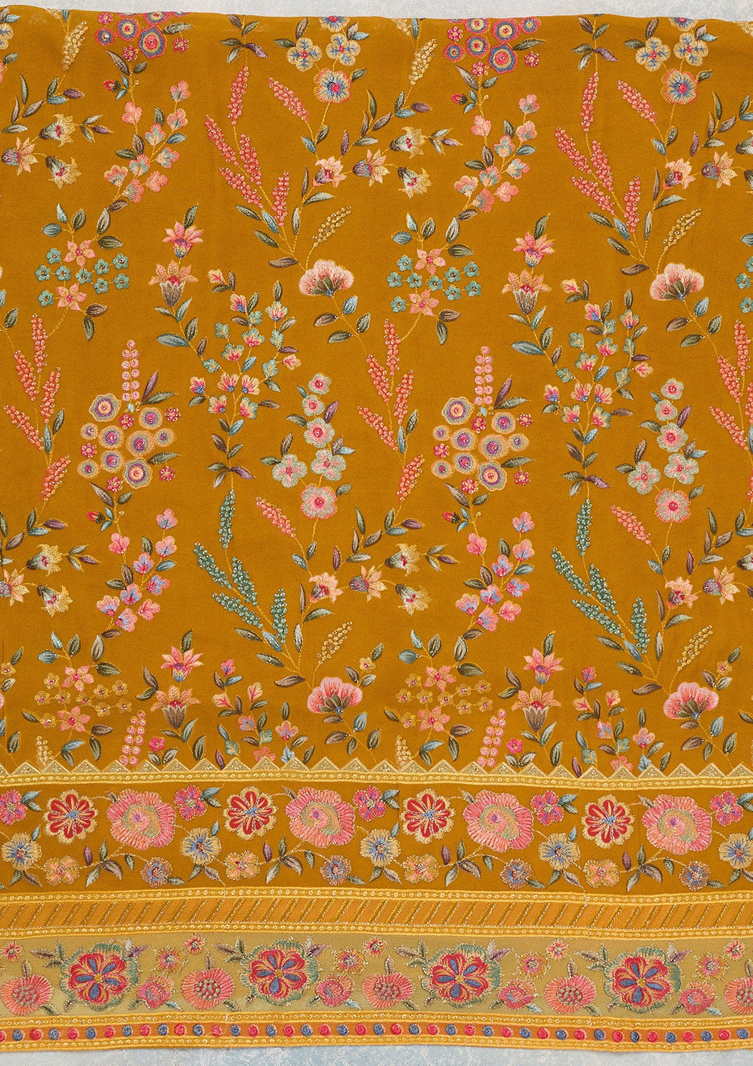 Mustard Threadwork Georgette Unstitched Salwar Suit_koskii