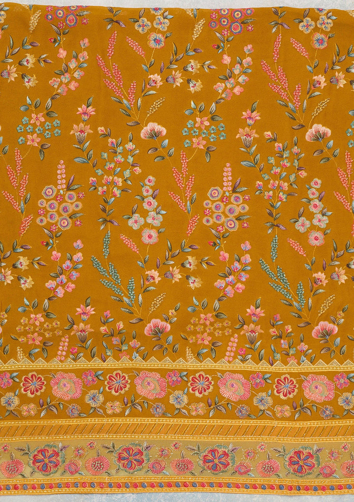 Mustard Threadwork Georgette Unstitched Salwar Suit_koskii