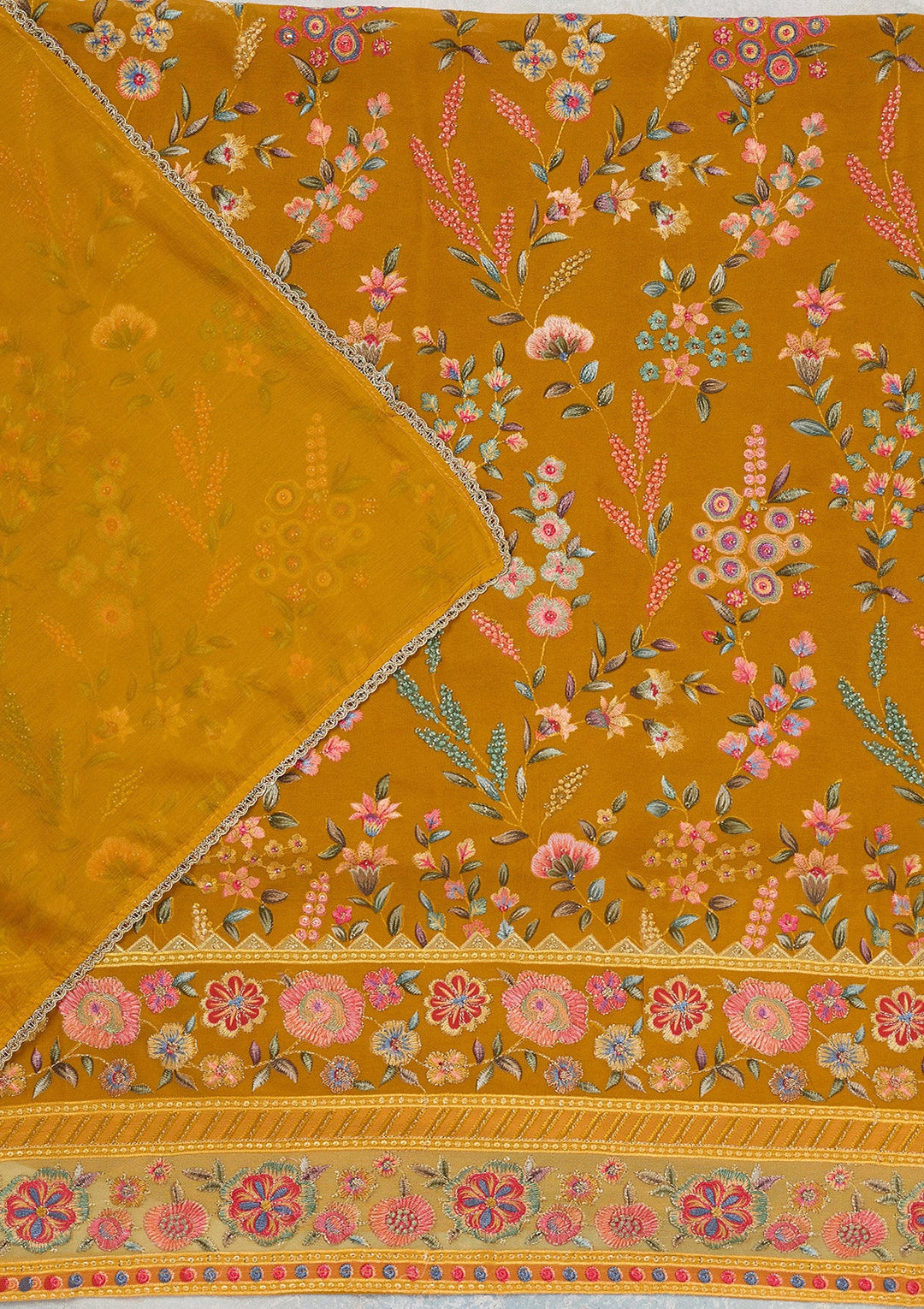 Mustard Threadwork Georgette Unstitched Salwar Suit_koskii