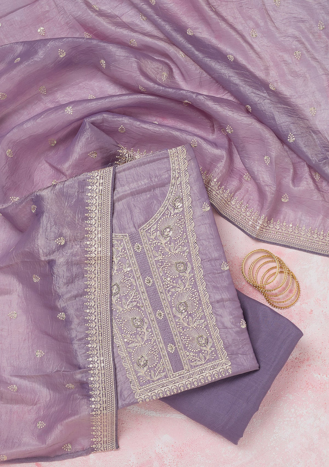 Lavender Threadwork Semi Crepe Unstitched Salwar Suit-koskii