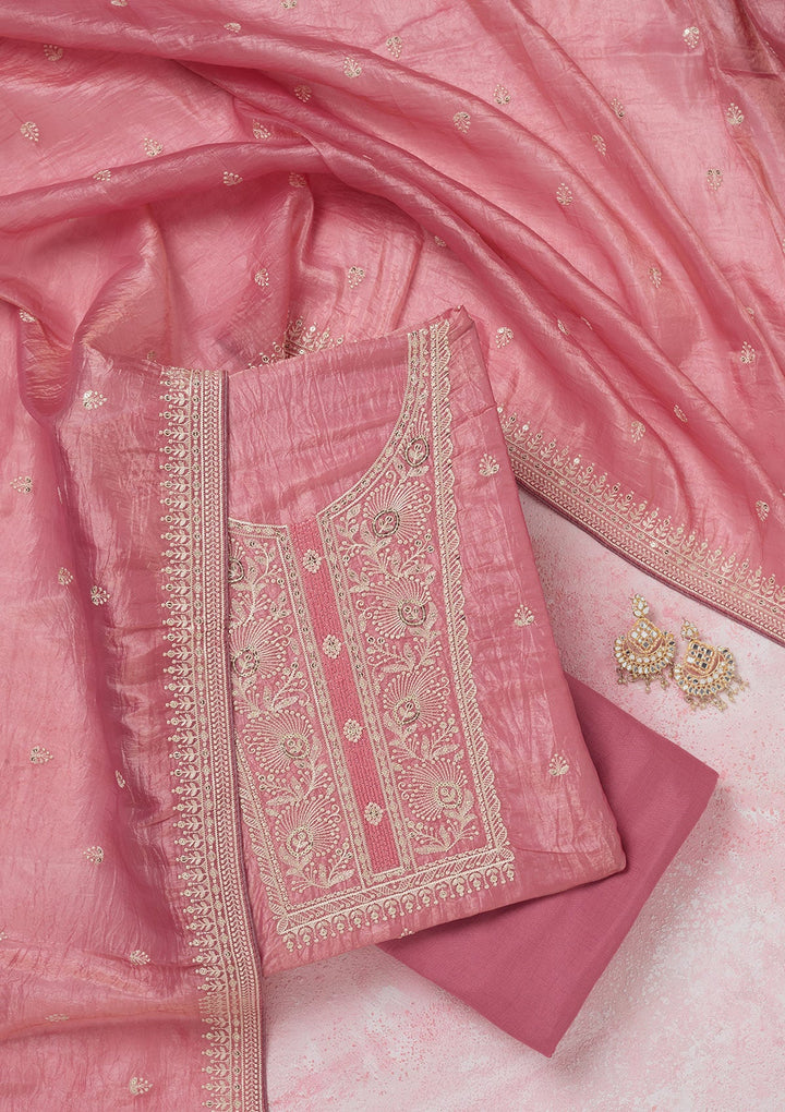 Pink Threadwork Semi Crepe Unstitched Salwar Suit-koskii