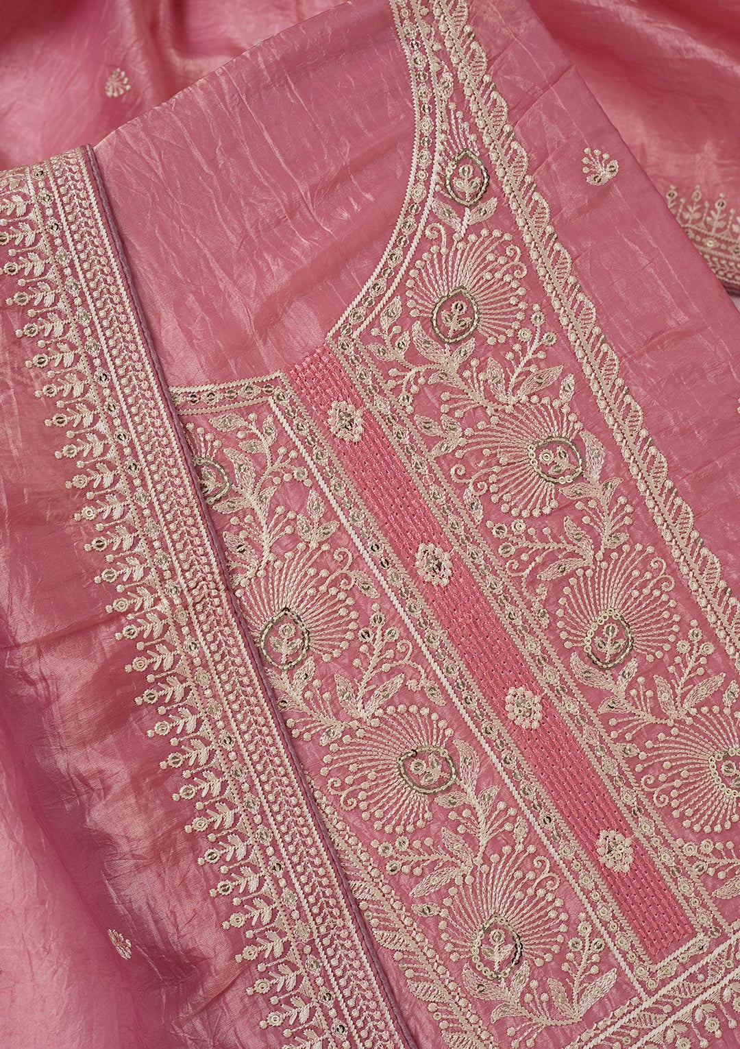 Pink Threadwork Semi Crepe Unstitched Salwar Suit-koskii