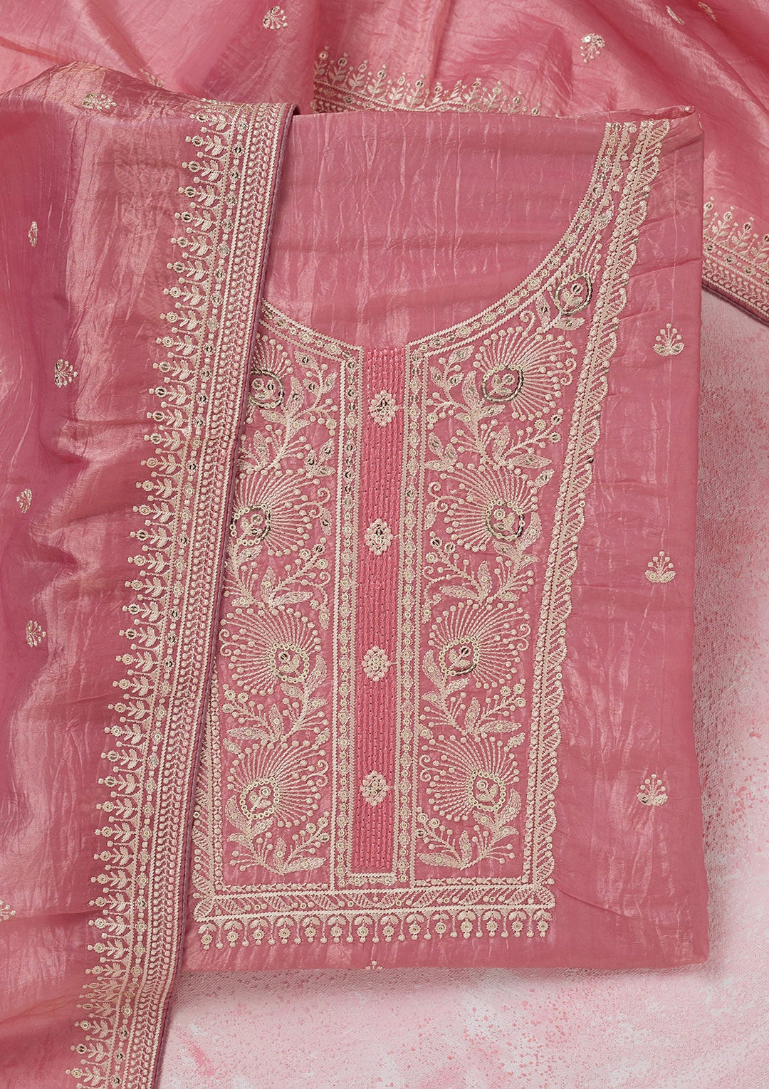 Pink Threadwork Semi Crepe Unstitched Salwar Suit-koskii