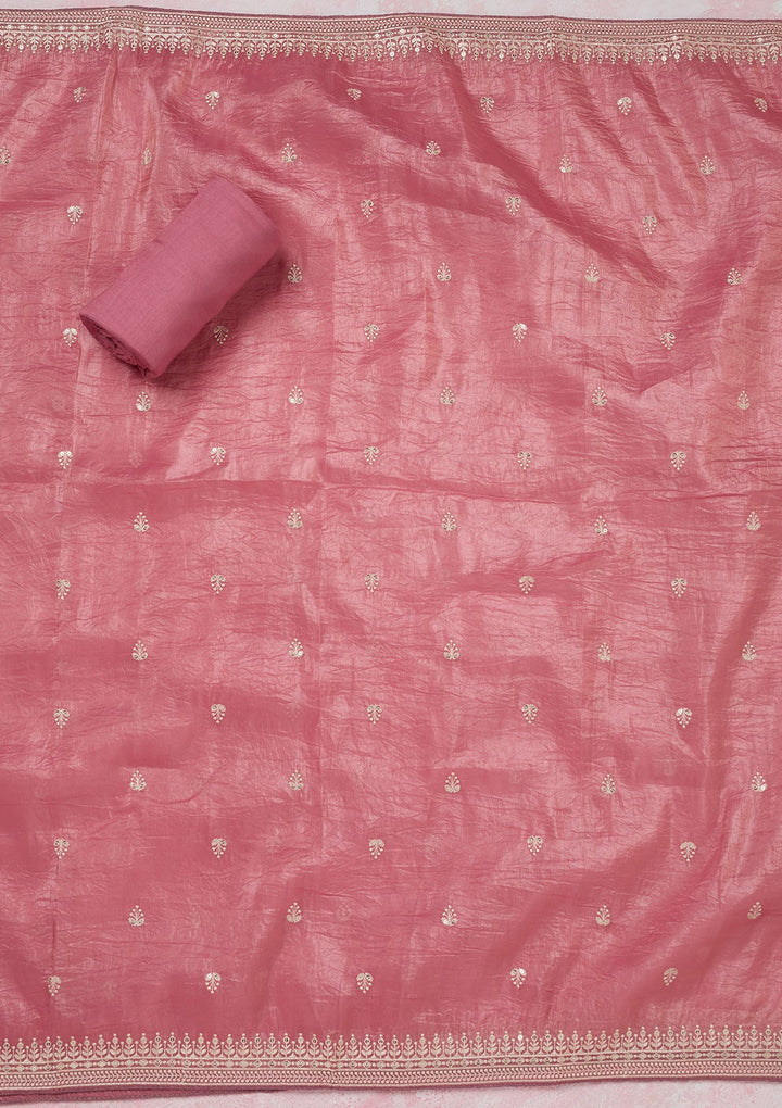 Pink Threadwork Semi Crepe Unstitched Salwar Suit-koskii