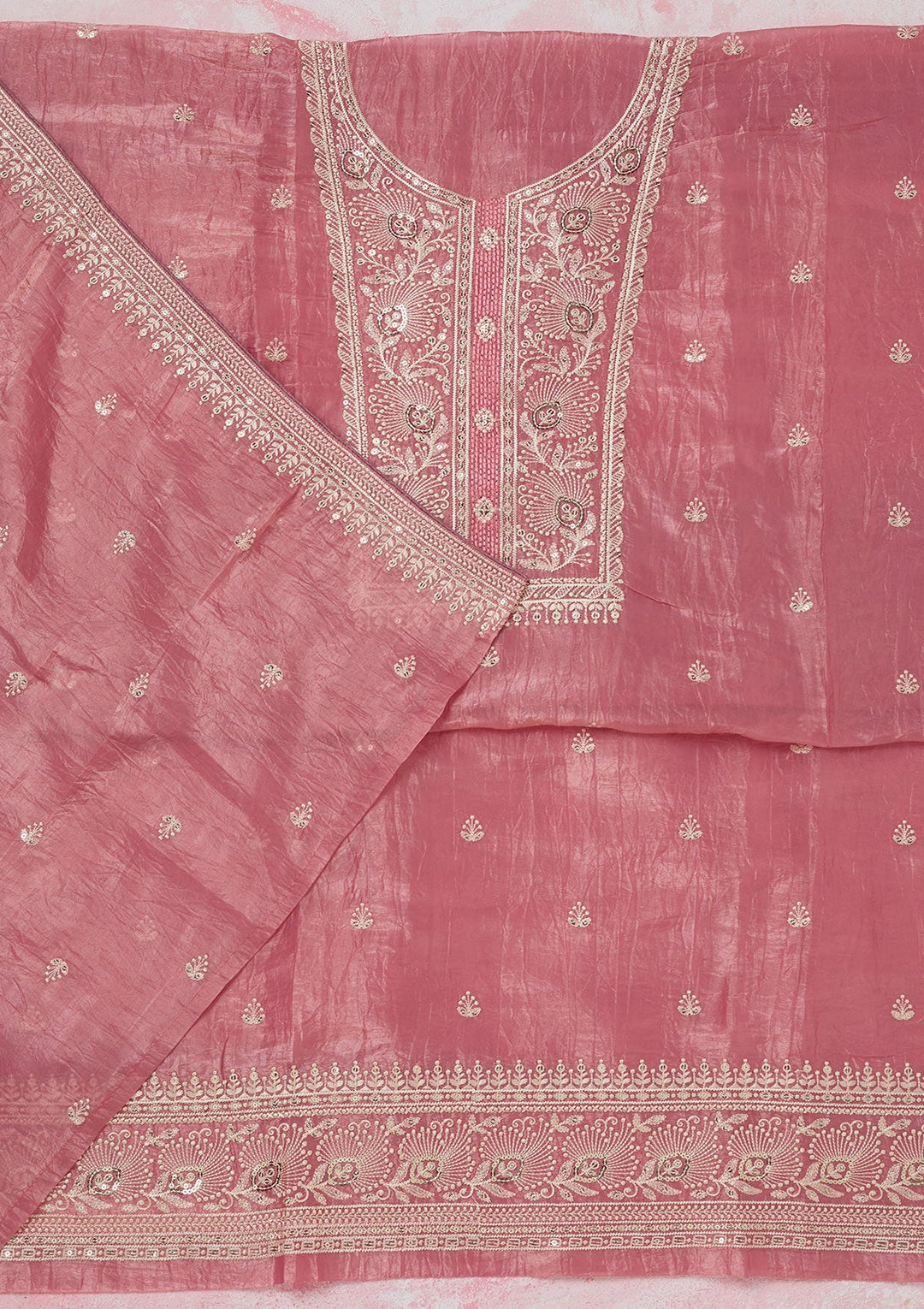 Pink Threadwork Semi Crepe Unstitched Salwar Suit-koskii