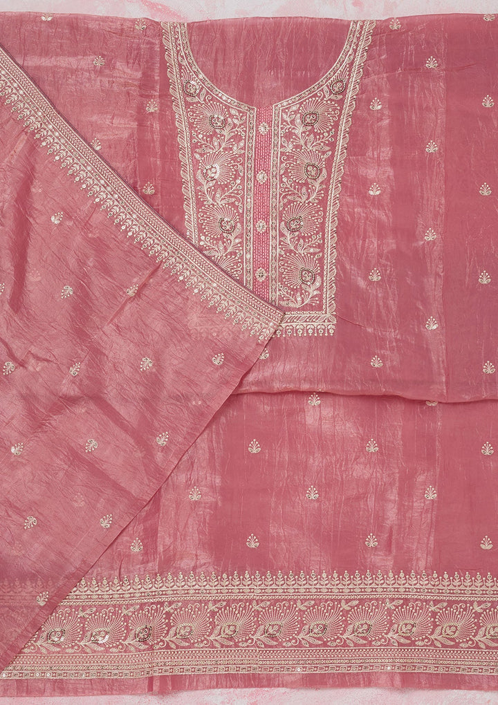 Pink Threadwork Semi Crepe Unstitched Salwar Suit-koskii