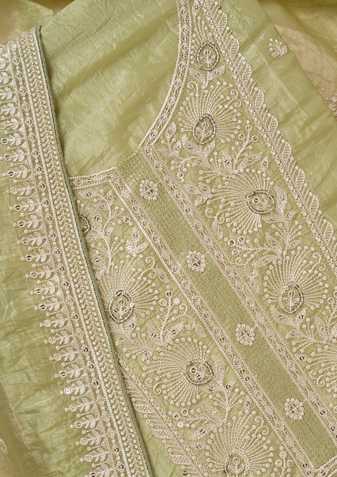Pista Green Threadwork Semi Crepe Unstitched Salwar Suit-koskii
