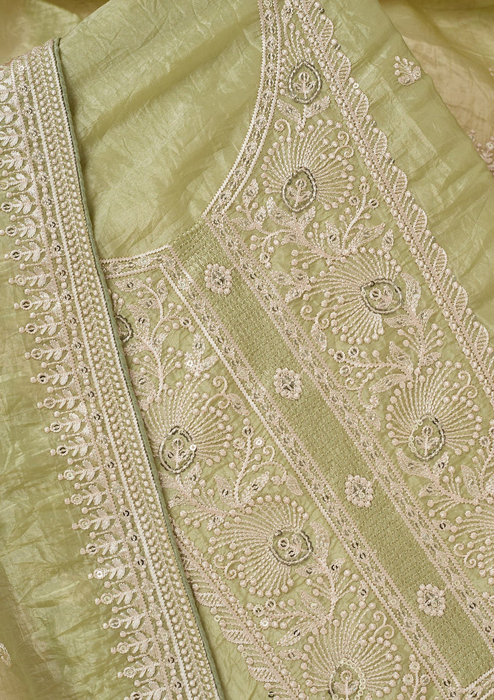 Pista Green Threadwork Semi Crepe Unstitched Salwar Suit-koskii