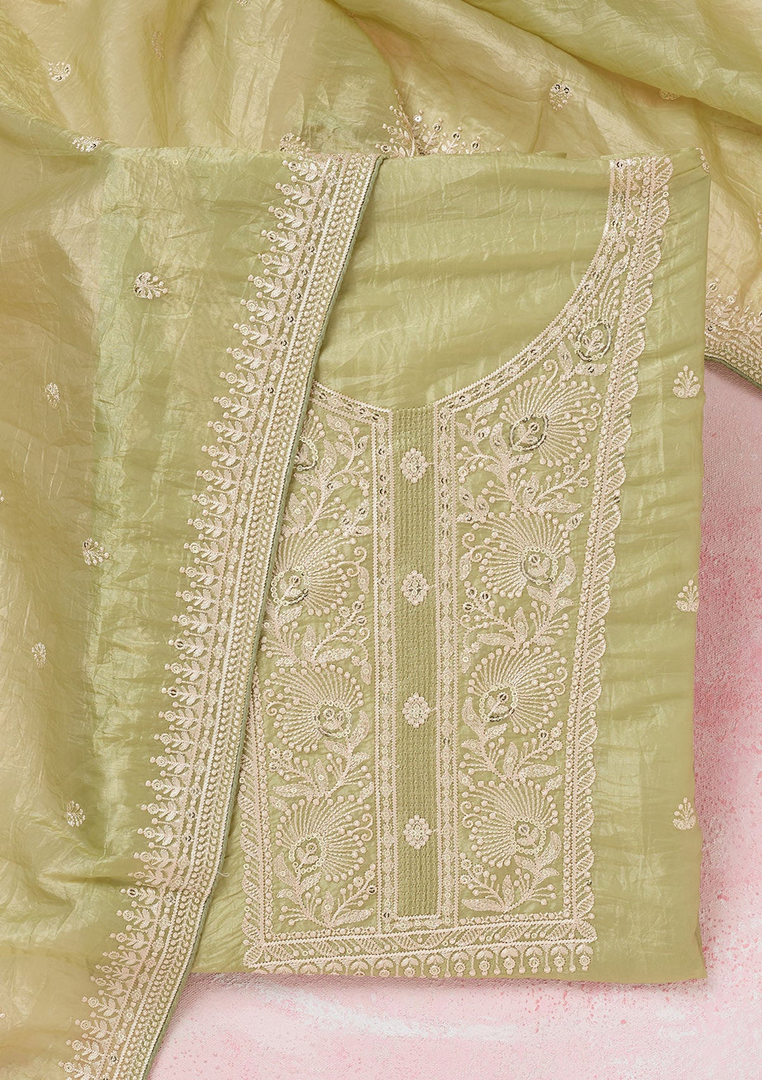 Pista Green Threadwork Semi Crepe Unstitched Salwar Suit-koskii