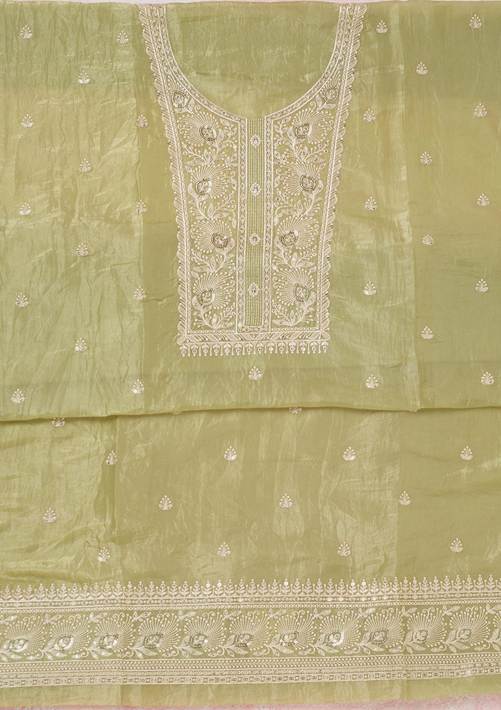 Pista Green Threadwork Semi Crepe Unstitched Salwar Suit-koskii