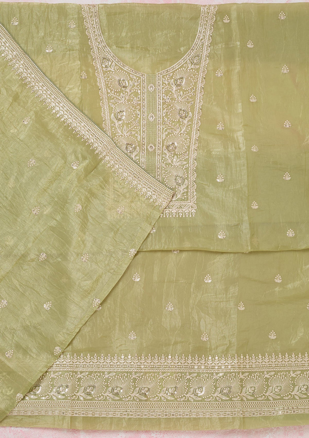 Pista Green Threadwork Semi Crepe Unstitched Salwar Suit-koskii