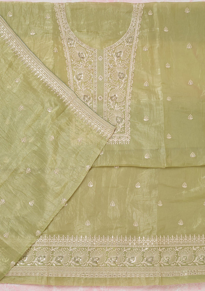 Pista Green Threadwork Semi Crepe Unstitched Salwar Suit-koskii