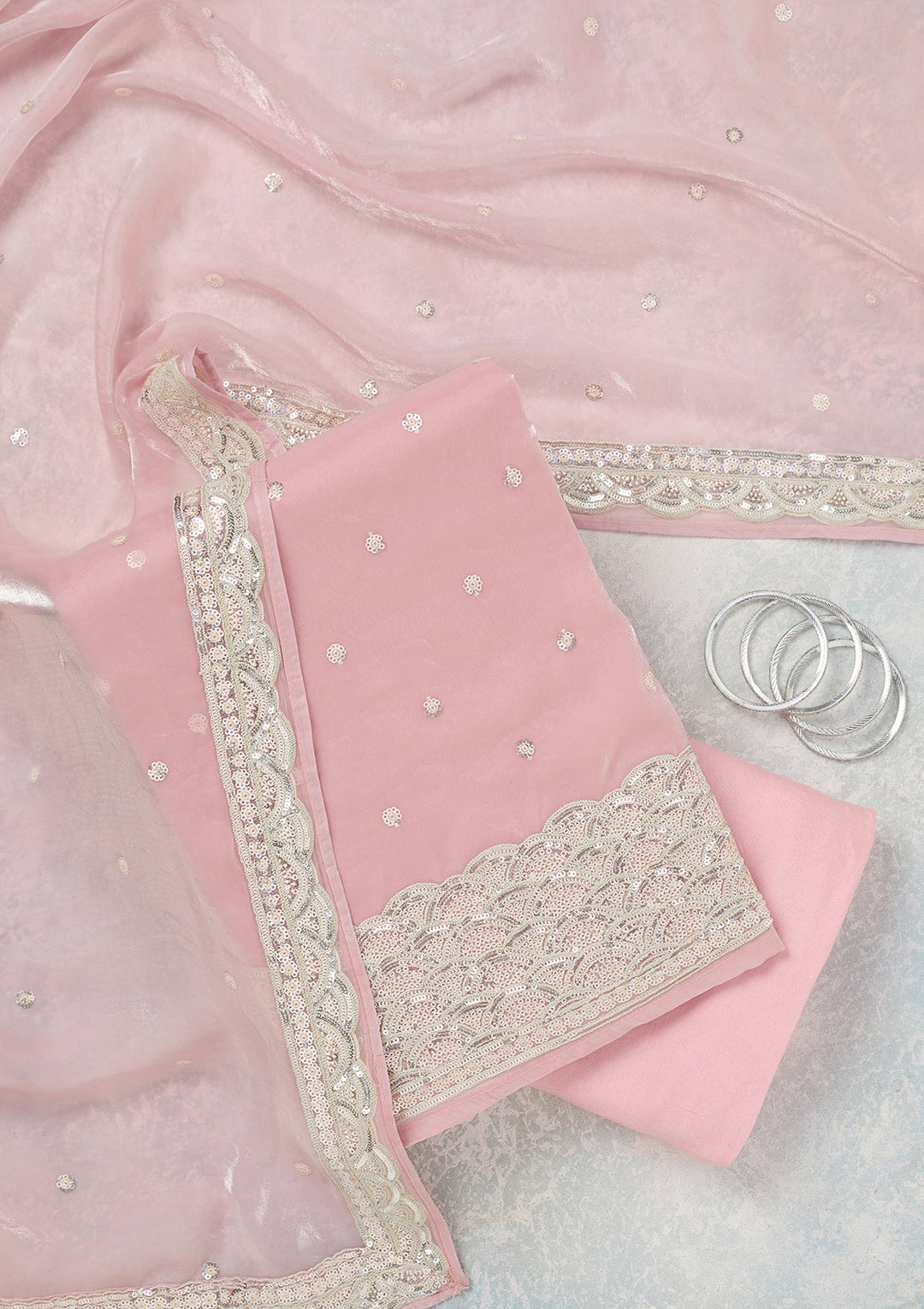 Pink Sequins Tissue Unstitched Salwar Suit_koskii