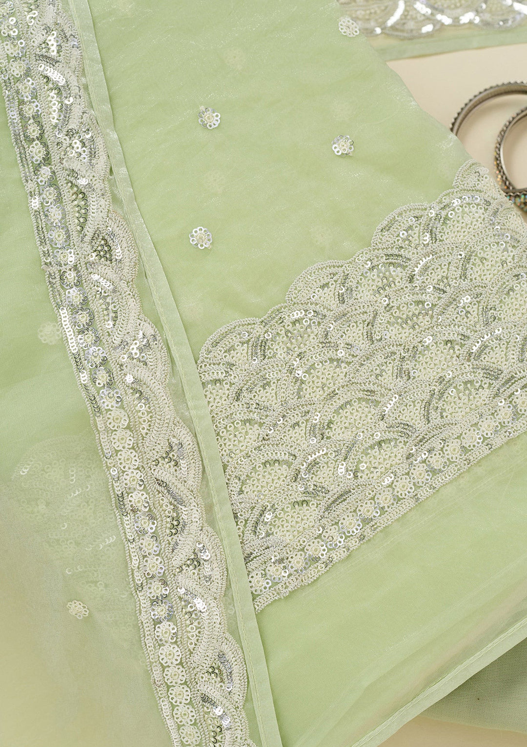 Pista Green Sequins Tissue Unstitched Salwar Suit_koskii