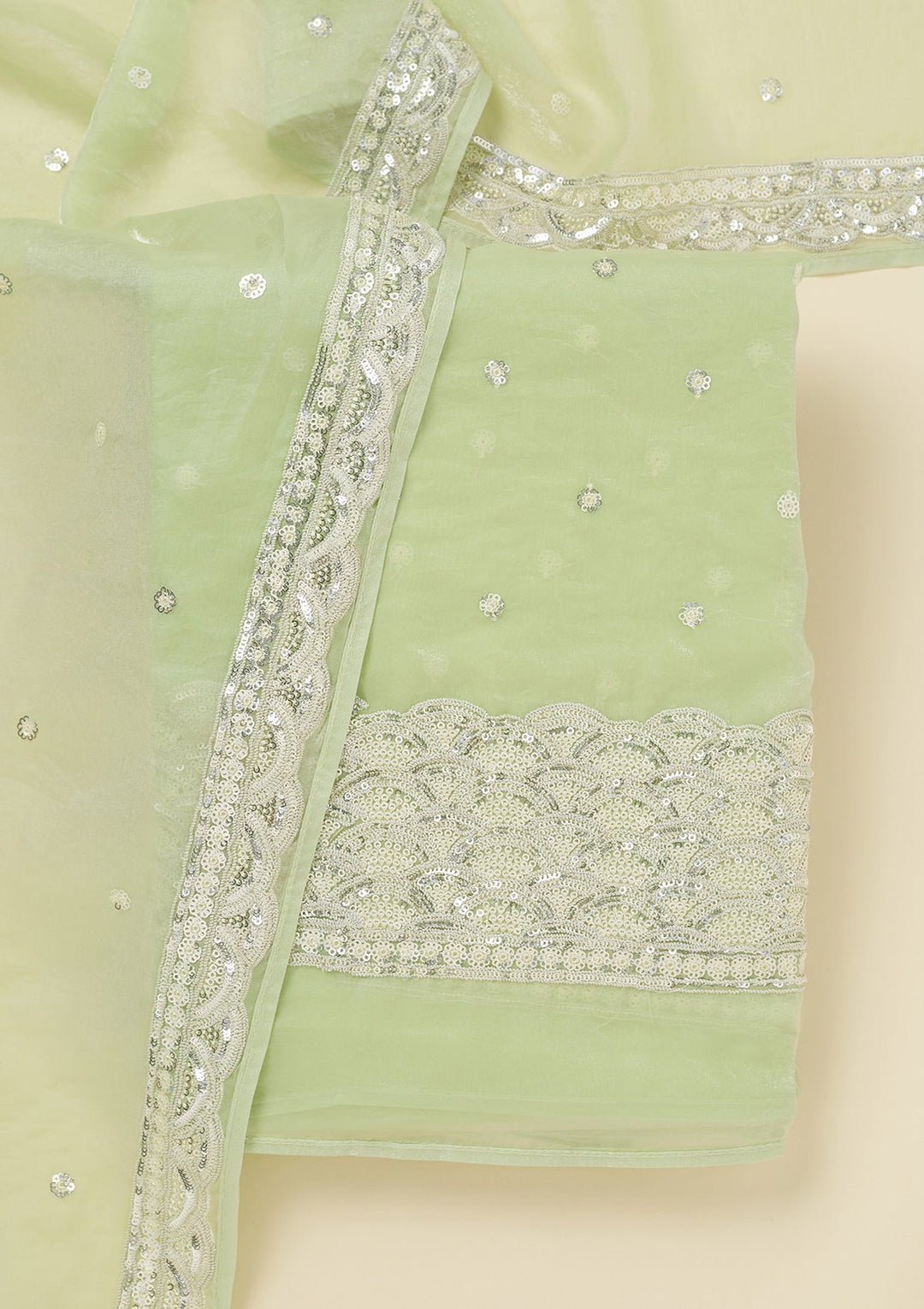 Pista Green Sequins Tissue Unstitched Salwar Suit_koskii