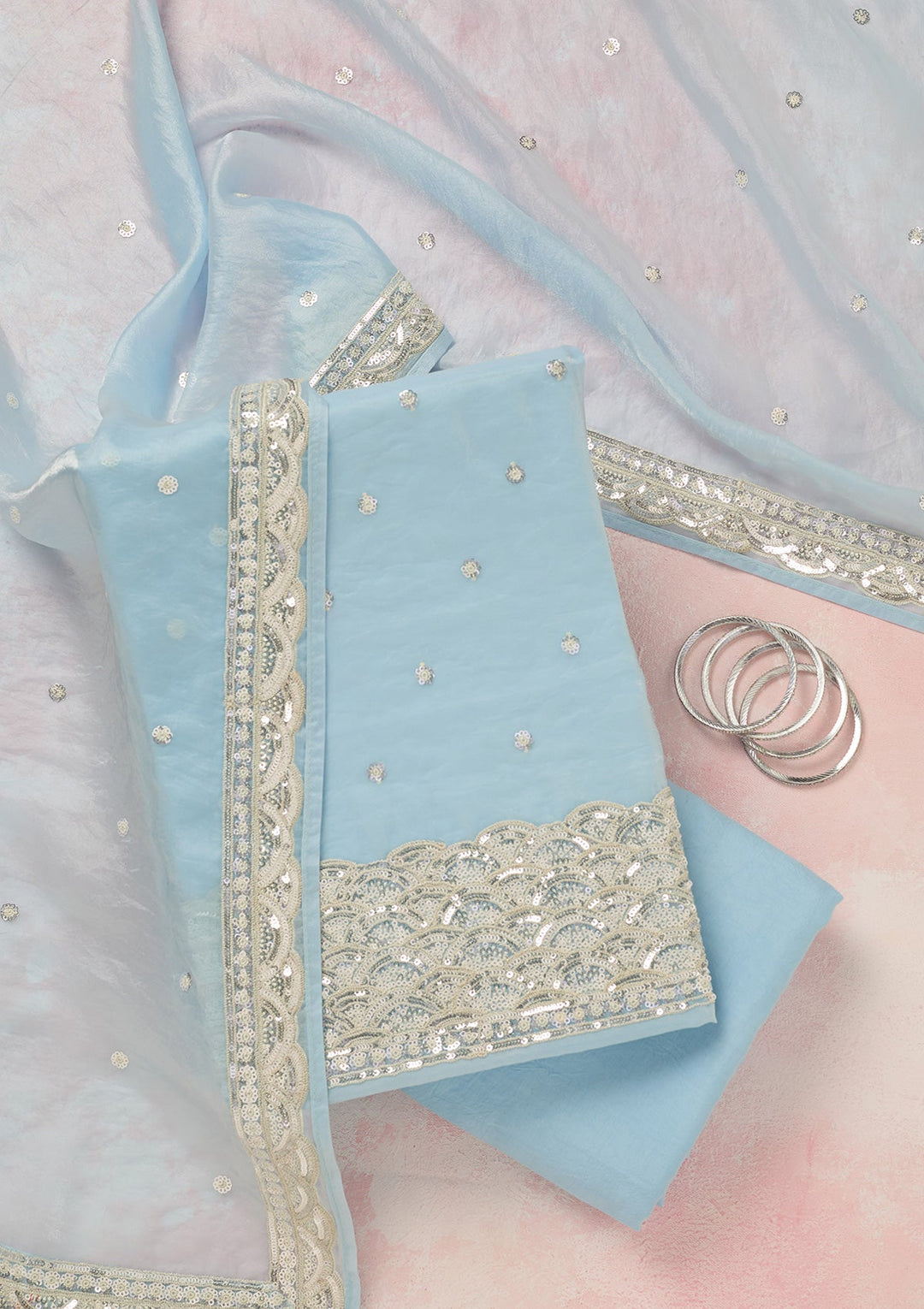 Sky Blue Sequins Tissue Unstitched Salwar Suit_koskii