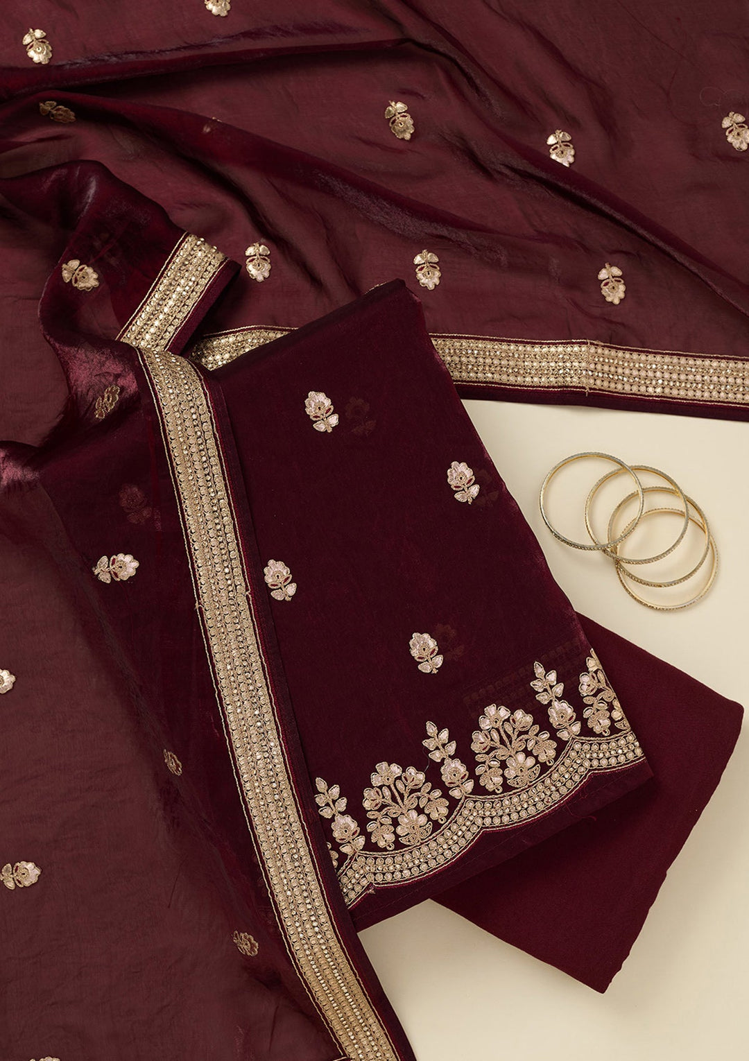 Dark Maroon Gotapatti Organza Unstitched Salwar Suit_koskii