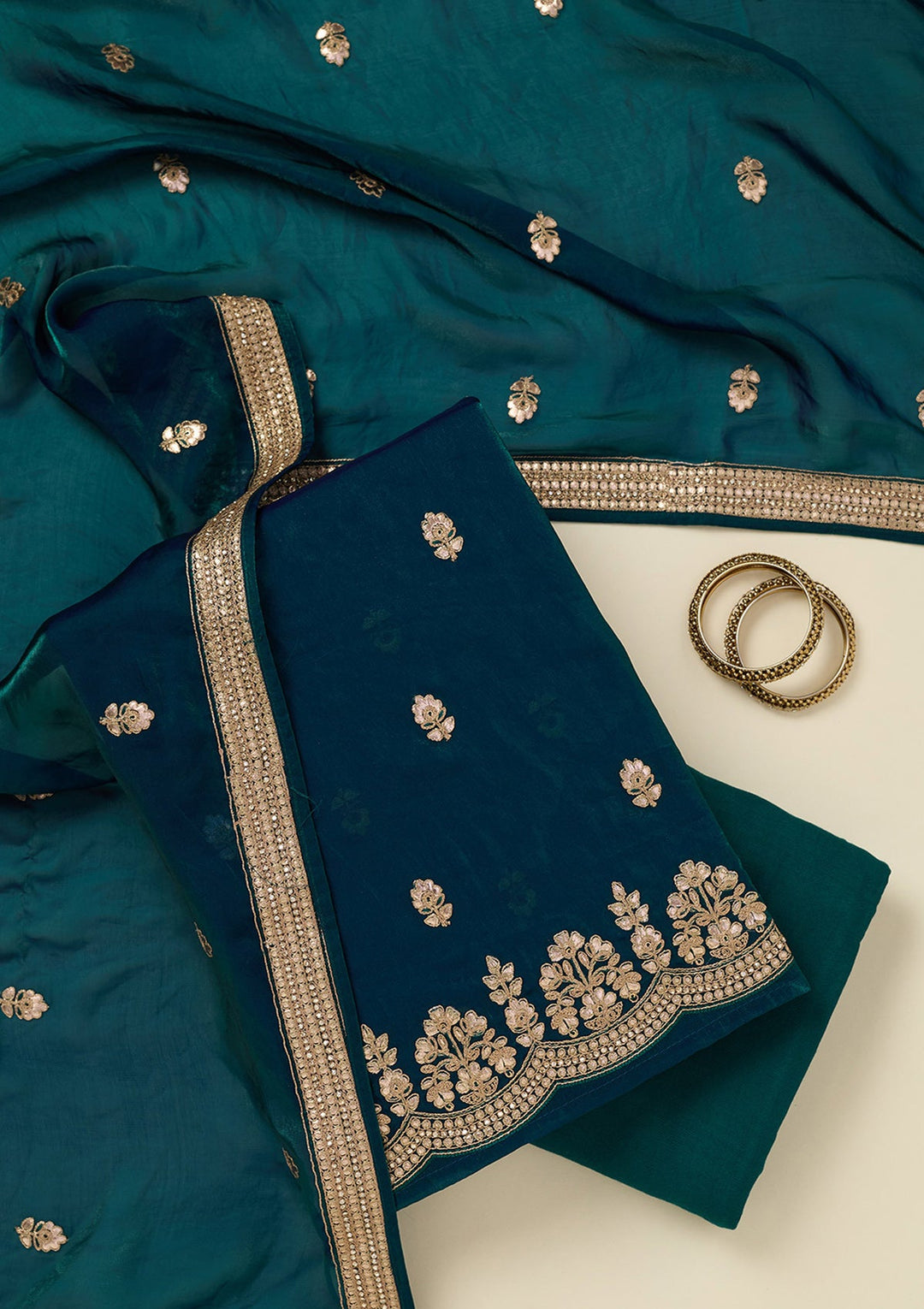 Peacock Blue Gotapatti Organza Unstitched Salwar Suit_koskii