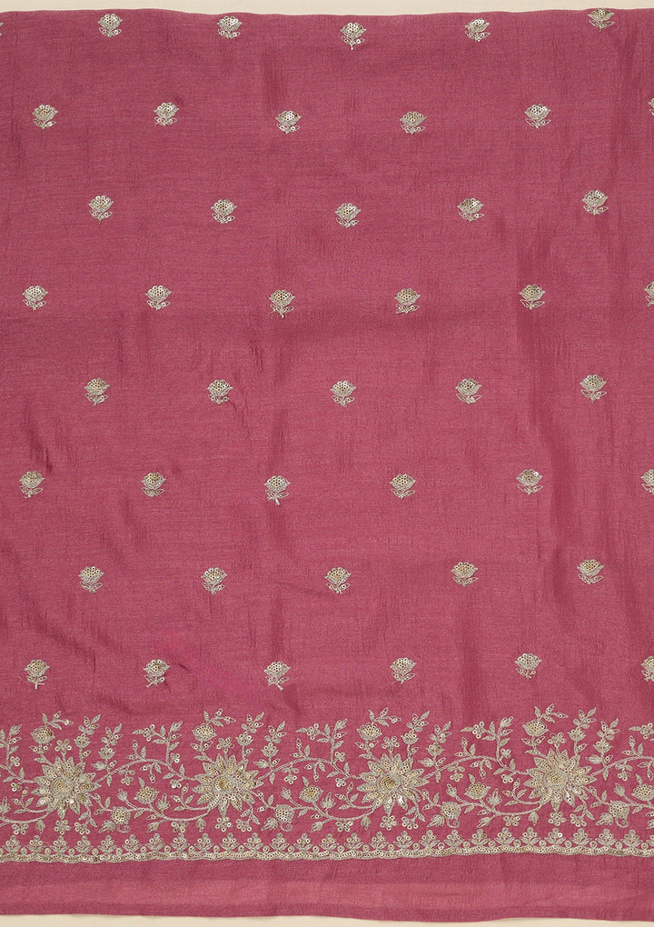 Onion Pink Zariwork (Silver) Soft Raw Silk Unstitched Salwar Suit_koskii