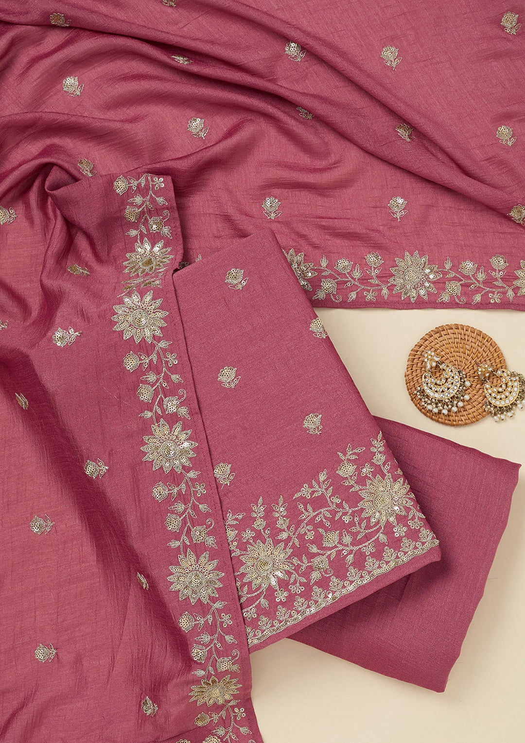 Onion Pink Zariwork (Silver) Soft Raw Silk Unstitched Salwar Suit_koskii