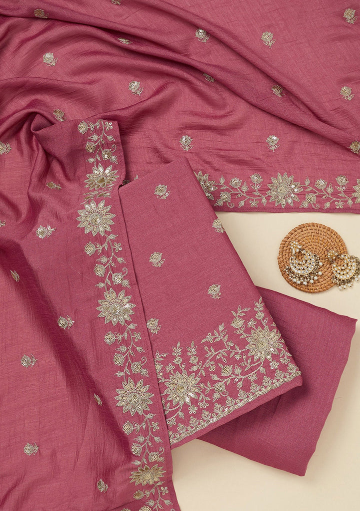 Onion Pink Zariwork (Silver) Soft Raw Silk Unstitched Salwar Suit_koskii