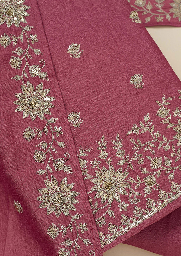 Onion Pink Zariwork (Silver) Soft Raw Silk Unstitched Salwar Suit_koskii
