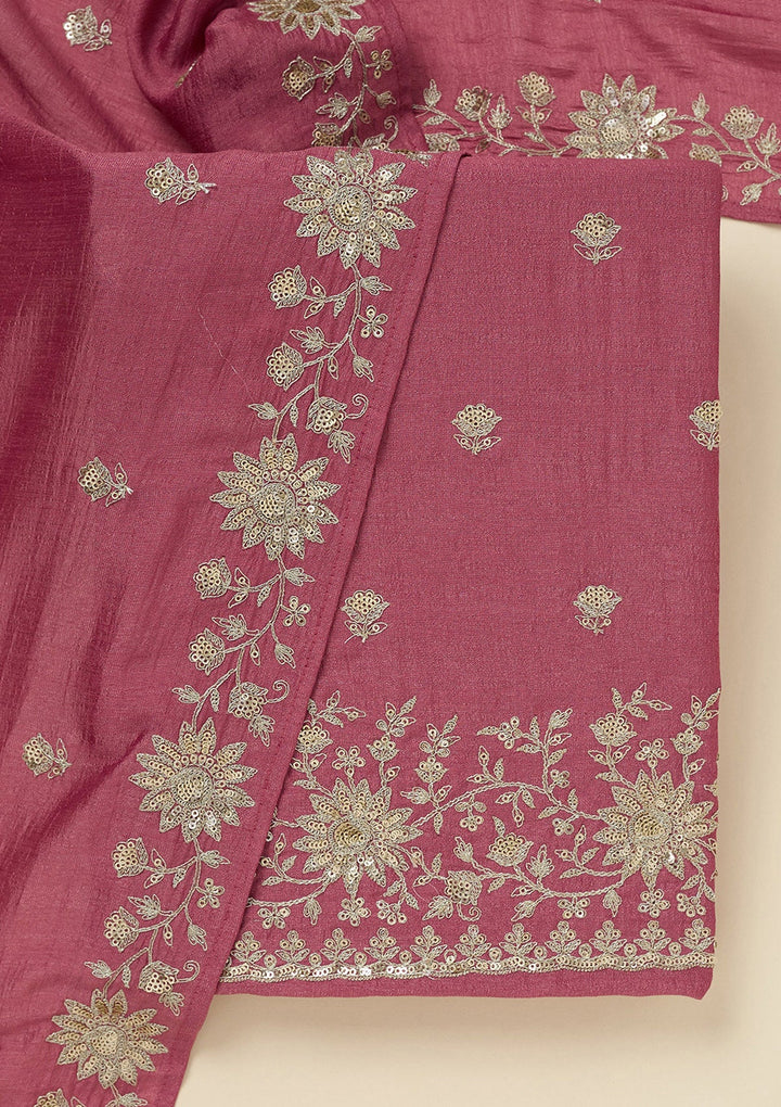 Onion Pink Zariwork (Silver) Soft Raw Silk Unstitched Salwar Suit_koskii