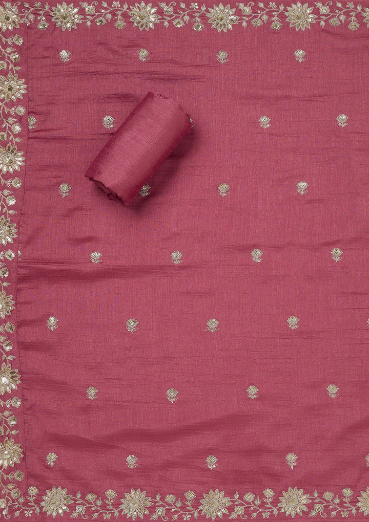 Onion Pink Zariwork (Silver) Soft Raw Silk Unstitched Salwar Suit_koskii