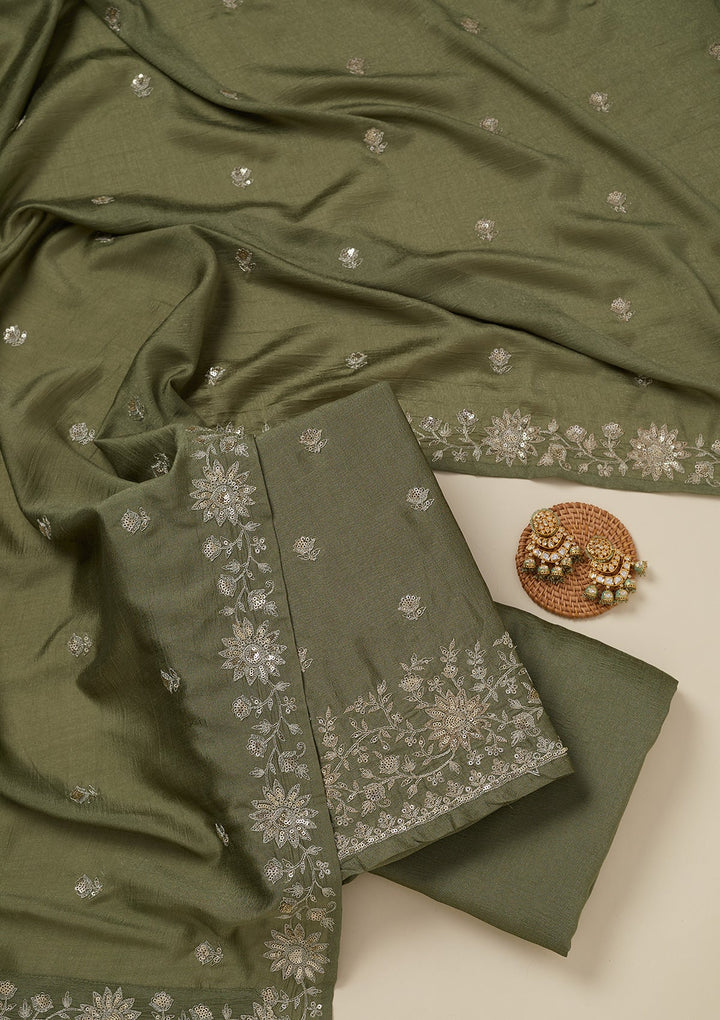 Pista Green Zariwork (Silver) Soft Raw Silk Unstitched Salwar Suit_koskii