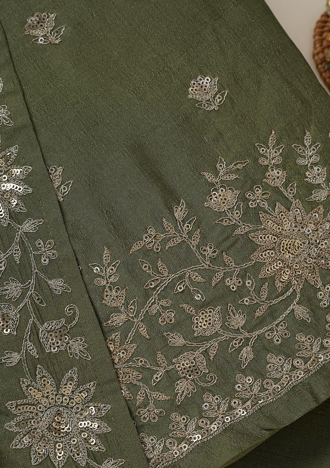 Pista Green Zariwork (Silver) Soft Raw Silk Unstitched Salwar Suit_koskii