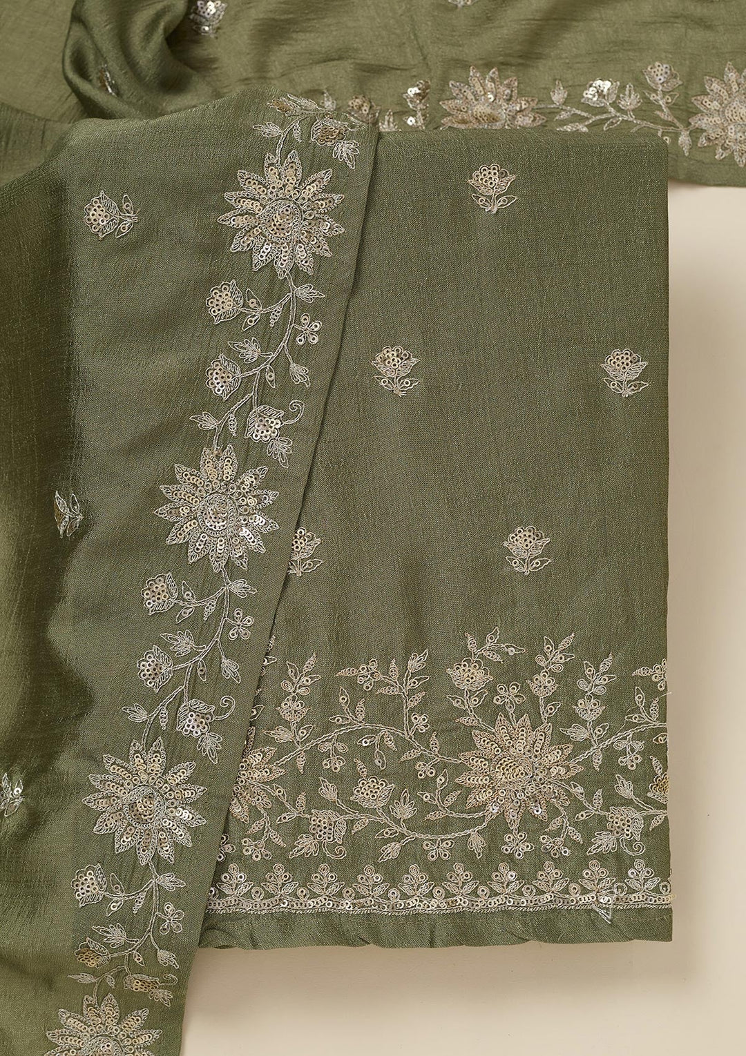 Pista Green Zariwork (Silver) Soft Raw Silk Unstitched Salwar Suit_koskii