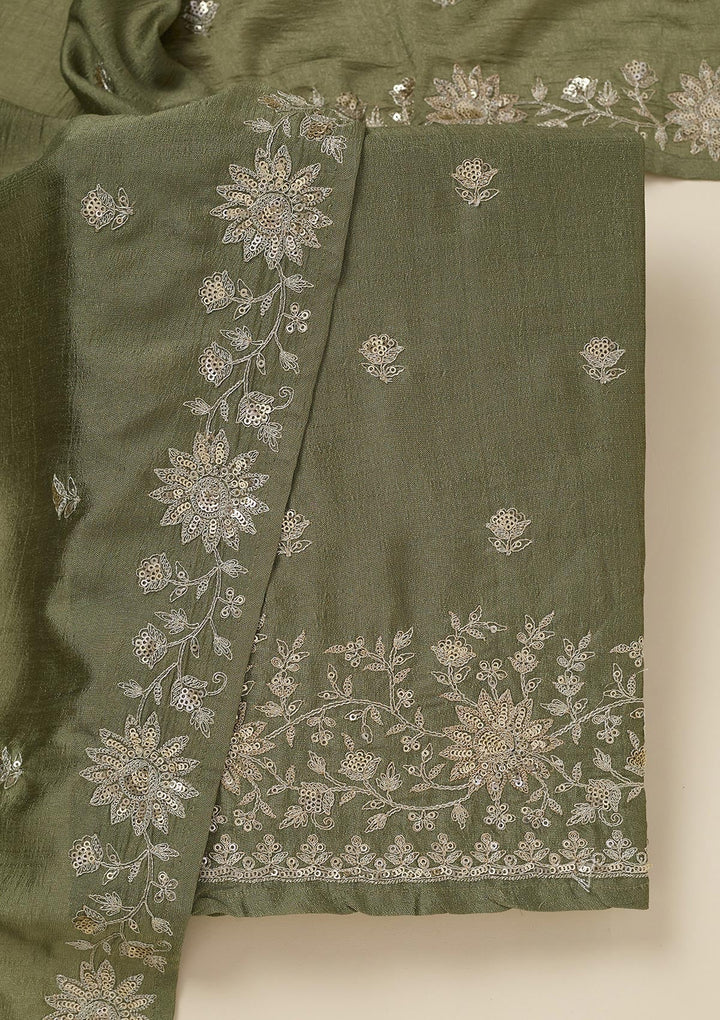 Pista Green Zariwork (Silver) Soft Raw Silk Unstitched Salwar Suit_koskii